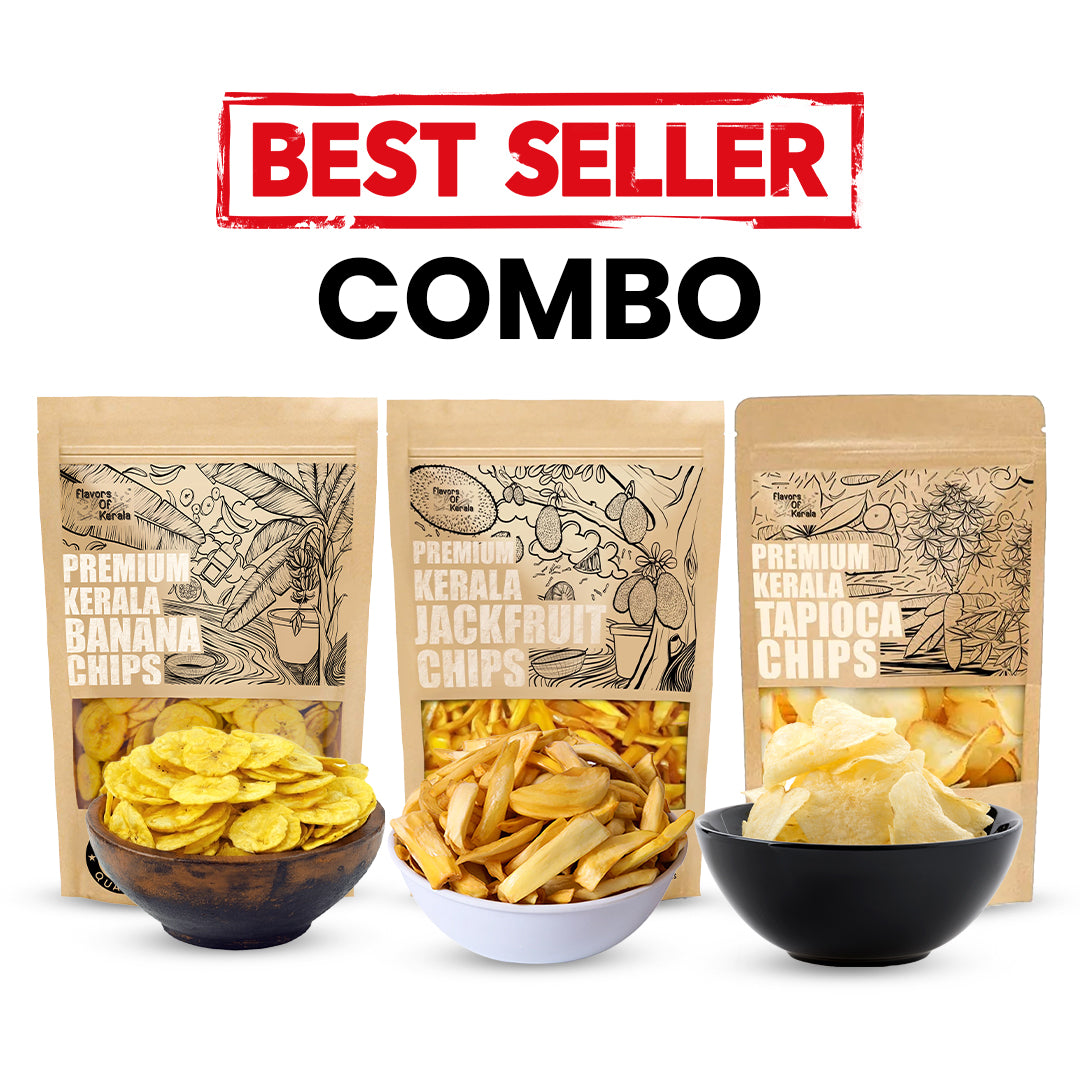 FLAVORS OF Kerala Best Selling Combo - Banana Chips in Coconut Oil, Tapioca Chips, Jackfruit Chips