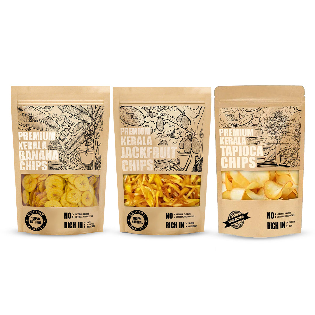FLAVORS OF Kerala Best Selling Combo - Banana Chips in Coconut Oil, Tapioca Chips, Jackfruit Chips