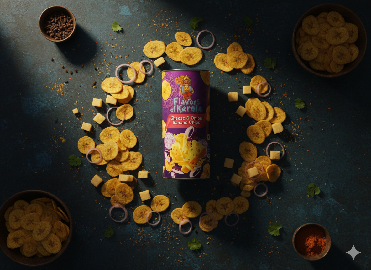 Cheese & Onion Banana Chips | Fusion of Authentic Kerala Nendran Bananas with Bold Cheese & Onion Flavor | Crispy, Fresh & Packed in Premium Canister | 125g