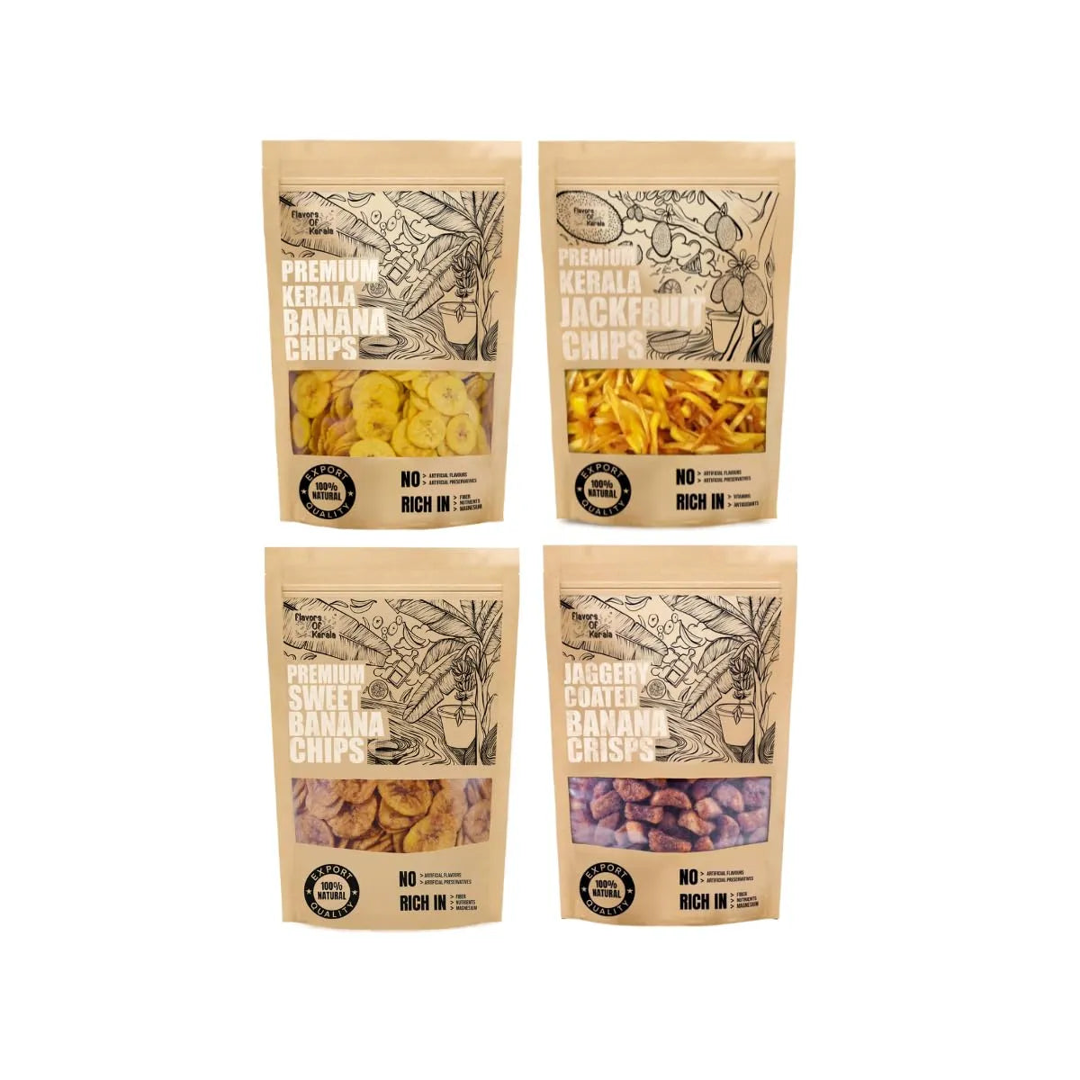 Kerala Chips Mega Sampler Combo - Banana, Jackfruit, Jaggery & Sweet Banana