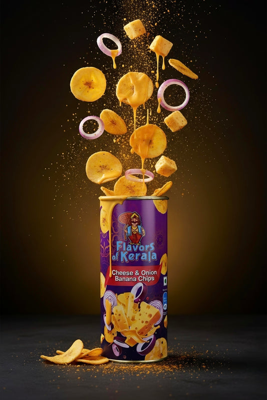 Cheese & Onion Banana Chips | Fusion of Authentic Kerala Nendran Bananas with Bold Cheese & Onion Flavor | Crispy, Fresh & Packed in Premium Canister | 125g
