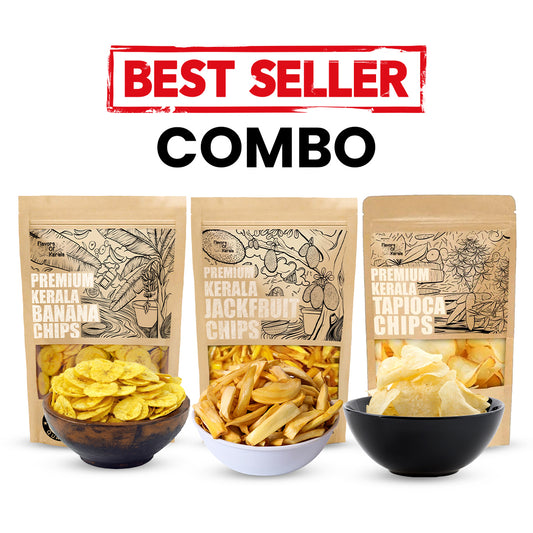 FLAVORS OF Kerala Best Selling Combo - Yellow Chips in Coconut Oil, Tapioca Chips, Jackfruit Chips