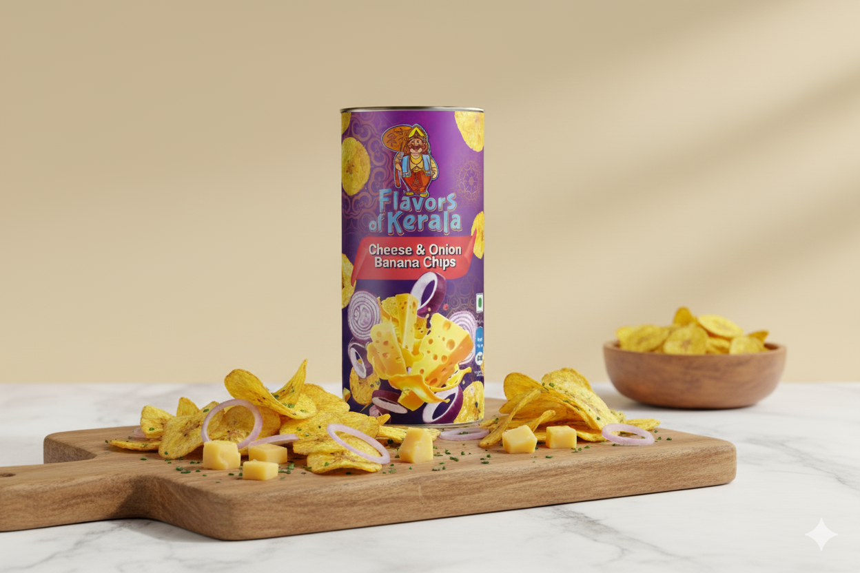 Cheese & Onion Banana Chips | Fusion of Authentic Kerala Nendran Bananas with Bold Cheese & Onion Flavor | Crispy, Fresh & Packed in Premium Canister | 125g